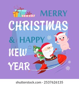Merry Christmas lettering with Santa Claus flying plane and pig. Christmas greeting card. Handwritten text, calligraphy. For leaflets, brochures, invitations, posters or banners.