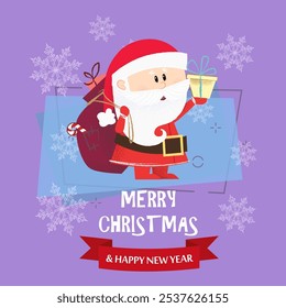 Merry Christmas lettering and Santa Claus with gifts sack. Christmas greeting card. Typed text, calligraphy. For leaflets, brochures, invitations, posters or banners.