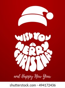 Merry Christmas. Lettering with Santa Claus beard on red background