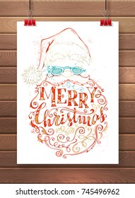 Merry Christmas Lettering in Santa Claus beard. Poster template on wood background. Outlined Santa Claus face, hat with pompon, glasses and curly beard. Vector hand-drawn illustration.