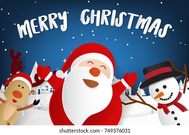 Merry Christmas lettering and Santa Claus, snow man and reindeer with snow drop on the village. Concept for Merry Christmas and New Year card in paper art and craft style, Vector illustrative	
