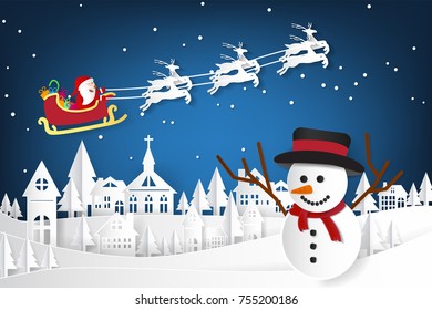 Merry Christmas Lettering And Santa Claus, Snow Man And Reindeer With Snow Drop On The Village. Concept For Merry Christmas And New Year Card In Paper Art And Craft Style, Vector Illustrative