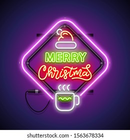Merry Christmas lettering with santa hat and warm mug glowing neon sign in violet frame. Greeting card. Vector poster illustration for your holiday projects in retro-futuristic style.