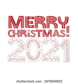 Merry Christmas lettering scandinavian handwriting banner , hello winter 2021 , winter holidays, winter lettering, Christmas banner, phrase hello winter, pine cones and needles postcard, New Year 