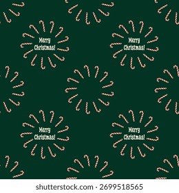 Merry Christmas lettering. Seamless pattern with candy canes and Christmas lettering. For gift wrapping, cards, backgrounds and covers.