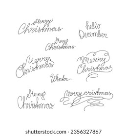 Merry Christmas lettering set, 2024, emblem, logo design, greeting card, invitation, continuous line drawing, neon, banner, poster, flyers, marketing, single line white background, isolated vector
