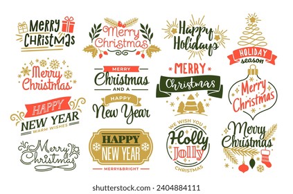 Merry Christmas lettering set. Festive typography with snowflakes, firework and New Year gifts. Greeting card or winter party invitation. Cartoon flat vector illustrations isolated on white background