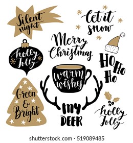 Merry Christmas lettering set.  Hand lettered quotes for greeting cards, gift tags. Typography collection. Holly jolly. Silent night. Let it snow. Warm wishes.My deer. Ho ho. Vector illustration.