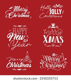 Merry Christmas lettering set. Happy New Year. Typography set. Vector isolated logo, emblems, text design. Handwritten red background