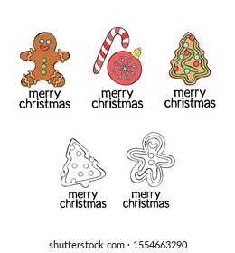 Merry Christmas. Lettering set. Holiday gingerbread cookie. Christmas tree and ginger man. Christmas ball. Candy is striped candy. Isolated vector object on white background.