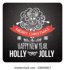 Merry Christmas lettering With  sheep, Vector typography, chalkboard