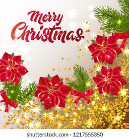Merry Christmas lettering with shining confetti and poinsettia. Christmas greeting card. Handwritten text, calligraphy. For leaflets, brochures, invitations, posters or banners.