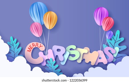 Merry Christmas Lettering Signature Cut From Paper And And Color Balloon. Vector Illustration. Winter Paper Cut Craft Design.