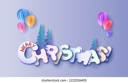 Merry Christmas Lettering Signature Cut From Paper And And Color Balloon. Vector Illustration. Winter Paper Cut Craft Design.