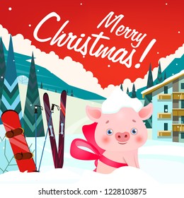 Merry Christmas lettering with ski resort landscape and piglet. Christmas greeting card or advertisement design. Handwritten text, calligraphy. For leaflets, brochures, invitations or banners.