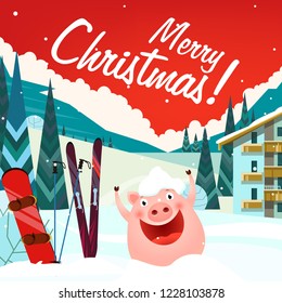 Merry Christmas lettering with ski resort landscape and pig. Christmas greeting card or advertisement design. Handwritten text, calligraphy. For leaflets, brochures, invitations, posters or banners.