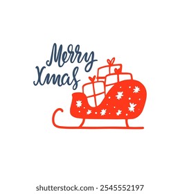 Merry Christmas lettering with Christmas sleigh. Winter vector illustration. Hand drawn holiday clipart