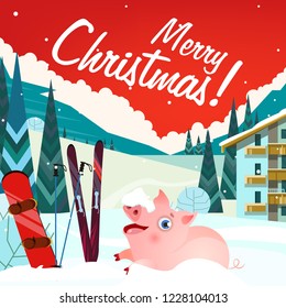 Merry Christmas lettering and smiling pig at ski resort. Christmas greeting card or advertisement design. Handwritten text, calligraphy. For leaflets, brochures, invitations, posters or banners.