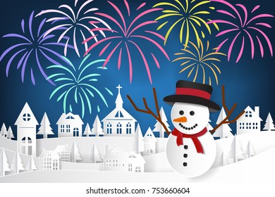 Merry Christmas lettering and snow man with fireworks on the village. Concept for Merry Christmas and New Year card in paper art and craft style, Vector illustrative