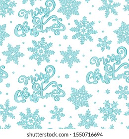 Merry Christmas. Lettering. Snowflakes and stars. Blue. Seamless vector pattern (background). Holiday print.