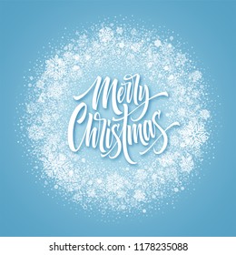 Merry Christmas lettering in snowy frame. Xmas confetti, frost dust and snowflakes round frame. Merry Christmas greeting isolated on frozen background. Postcard design. Vector illustration