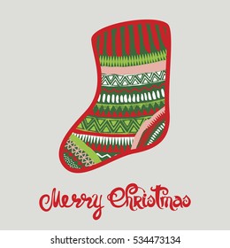 Merry Christmas lettering. Sock vector illustration. Vintage grunge abstract background. Winter retro card template.