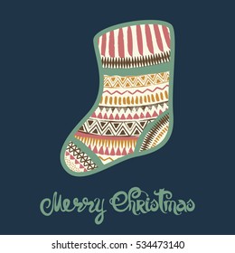 Merry Christmas lettering. Sock vector illustration. Vintage grunge abstract background. Winter retro card template.