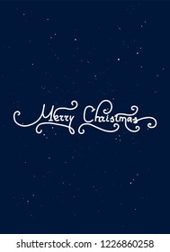 Merry Christmas Lettering with Space Background. Hand Typography with dark blue sky, stars. Vector calligraphy poster.