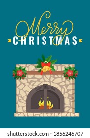 Merry Christmas lettering, stacked stone fireplace with decorations on Xmas Eve, wreaths with bells and mistletoe, vector mantelpiece with burning logs