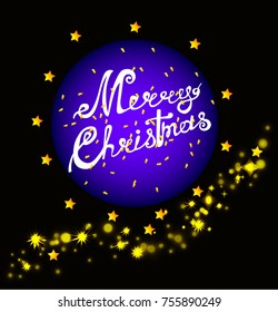 Merry Christmas , lettering, stars ,Shine , confetti on dark background vector illustration