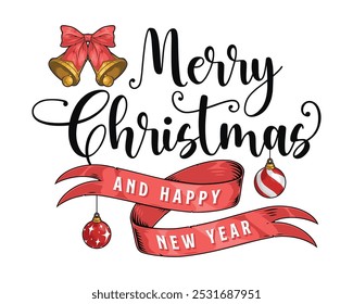 Merry Christmas lettering sticker colorful with greeting ribbon with bells and balls for decorating New Year tree vector illustration