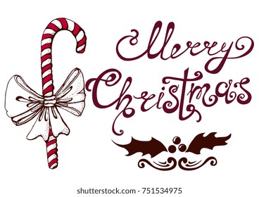 merry Christmas , lettering , sugar cane bow , hand graphics on white background ,vector