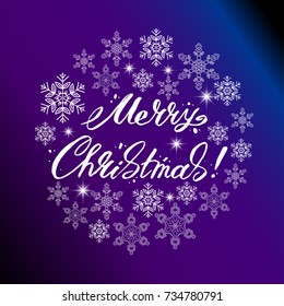 Merry Christmas lettering surrounded by snowflakes. Vector illustration.