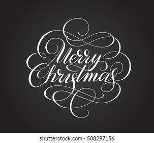 Merry Christmas Lettering With Swirls. Hand Drawn Text, Calligraphy For Your Design. Eps10 Vector Illustration