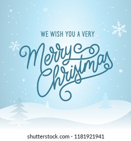 Merry Christmas lettering template. Greeting card invitation on blue snow background. Winter holidays related typographic quote. Vector vintage illustration.