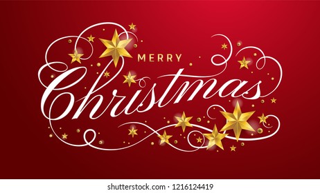 Merry Christmas lettering template. Greeting or gift voucher card with golden stars, typographic vintage illustration, calligraphic letter 