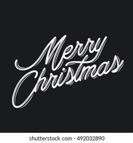 Merry Christmas lettering template. Monochrome greeting card or invitation. Winter holidays related typographic quote. Vector vintage illustration.