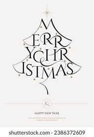 Merry Christmas lettering template. Xmas greeting card template, Invitation script calligraphy, Creative typographic quote, Holiday postcard element. Hand drawn style. Trendy vector line illustration.