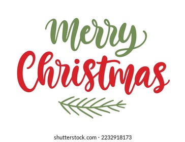 Merry Christmas lettering text banner. Season's greeting card with modern calligraphy, stars and greenery. Vector illustration, isolated on white