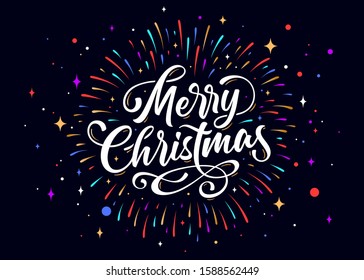Merry Christmas. Lettering text for Merry Christmas. Greeting card, poster, banner with script text merry christmas. Holiday background with graphic, hand drawn design, fireworks. Vector Illustration