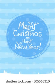 Merry Christmas lettering text into winter Christmas ball decorated snow. Winter holiday background with typography element.