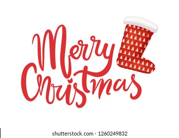 Merry Christmas lettering text and red Santa stocking isolated vector greeting and icon. Sock with pine trees for gifts, calligraphic inscription congratulations