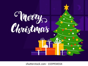 Merry Christmas Lettering . There are gifts under the tree. Winter traditional holidays