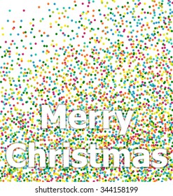 Merry Christmas lettering title on background colorful particles confetti - vector