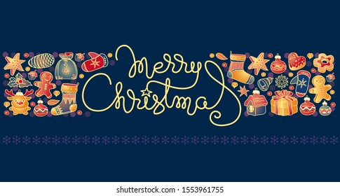 Merry Christmas lettering and toys, mittens, cookies, stockings, gifts, stars. Christmas Greeting card. Hand drawn illustration. Vector funny doodle colorful elements isolated on blue background. 