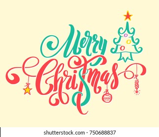 Merry Christmas lettering with Christmas tree for Christmas card or advertising poster. Vector illustration.