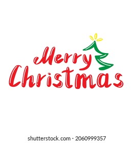 Merry Christmas lettering with a Christmas tree in cartoon style. Vector text illustration. Happy New Year.