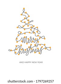 Merry Christmas lettering. Christmas tree string garland and lettering isolated on white background. Simple Christmas, New Year party greeting card or poster. Modern continuous line art.