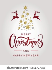 Feliz letulación navideña con árbol. Ilustración vectorial. Texto caligráfico aislado Feliz Navidad y Feliz Año Nuevo para la tarjeta de póster de regalo de bienvenida de Navidad. Diseño tipográfico para banner. 