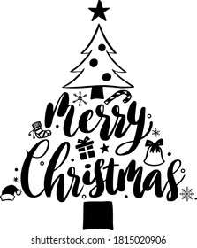 Merry Christmas Lettering y Christmas tree. Ilustración vectorial de la tarjeta de felicitación de Navidad elemento de afiche para publicidad.